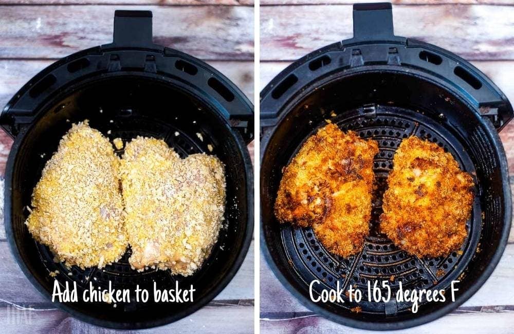two image college of breaded chicken thighs in air fryer basket before and after it's cooked