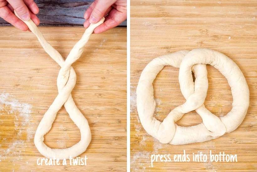 twisting the dough into a pretzel shape on a cutting board