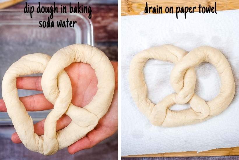 dipping the pretzel dough into water and draining it on a paper towel