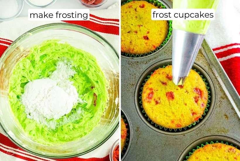 two image collage of making green frosting and piped on top of baked cupcakes.