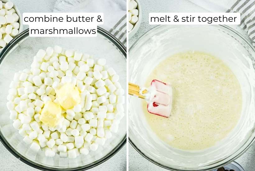 two image collage showing melted butter and marshmallows being mixed together.