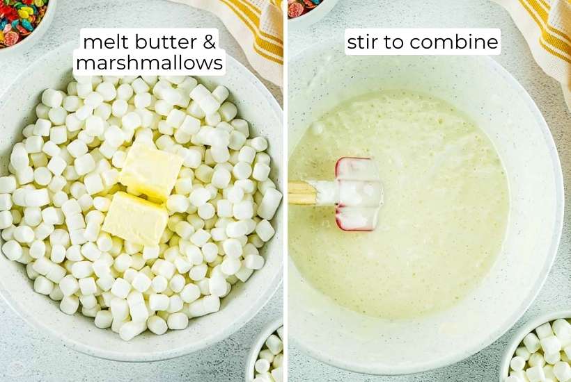 two image collage of melted butter being mixed with marshmallows.