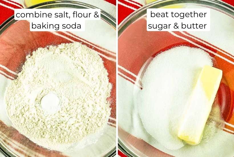 photo collage of dry ingredients in one bowl and the sugar and butter in another.