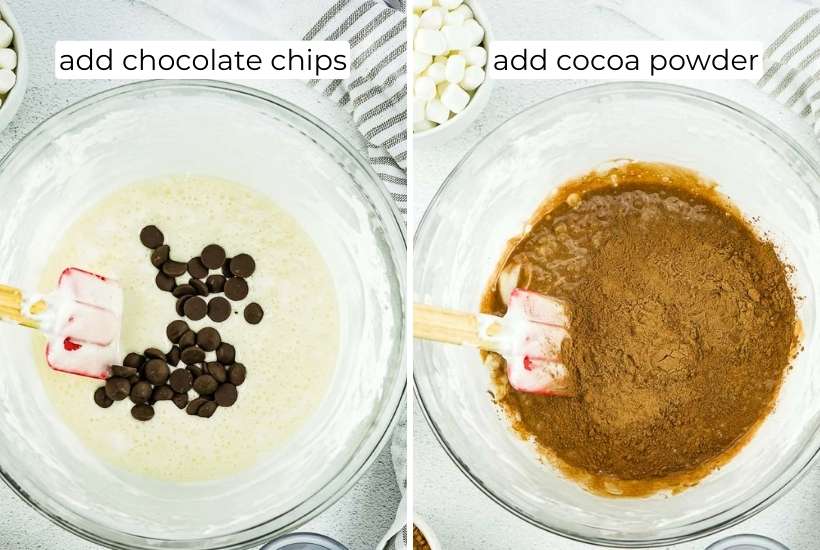two image collage of chocolate chips and cocoa powder being mixed into the melted butter and marshmallow mixture.