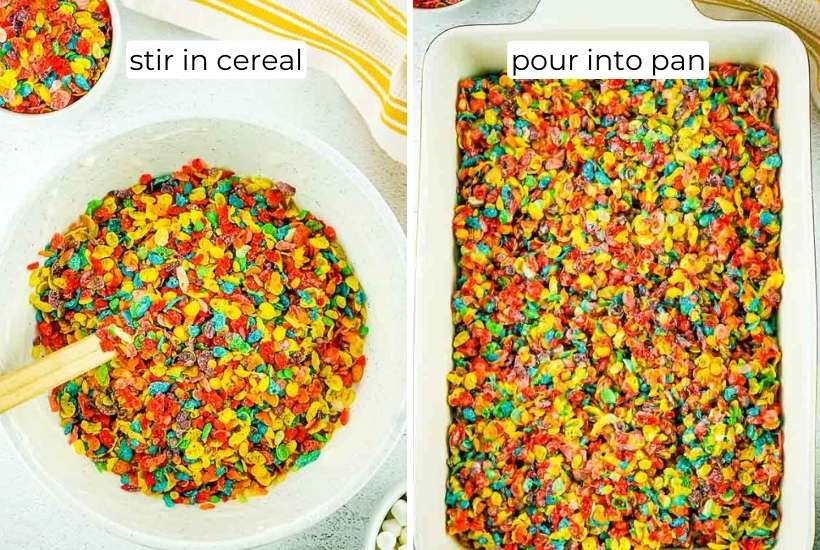 two image collage of fruity pebble cereal being mixed with marshmallow mixture and poured into a pan.