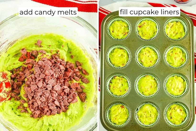 two image collage of red candy melts being mixed into the grinch cupcake batter and filled into a cupcake pan.