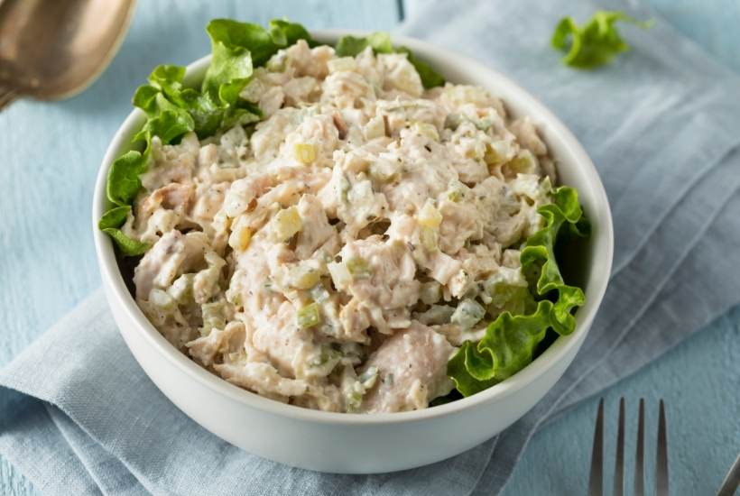 homemade chicken salad in a white bowl