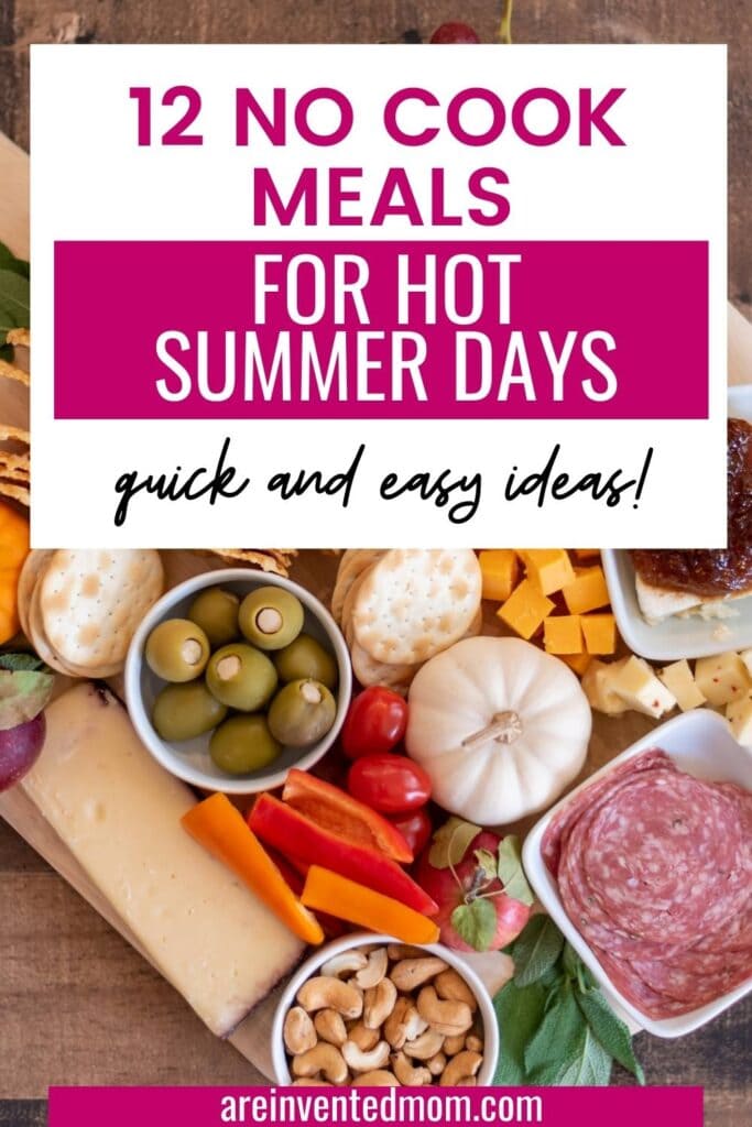 charcuterie board with meat, cheeses, crackers, with text overlay