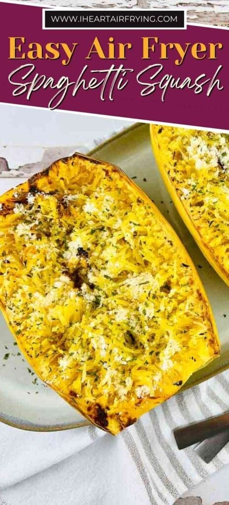 air fryer spaghetti squash on an oval plate with text overlay.