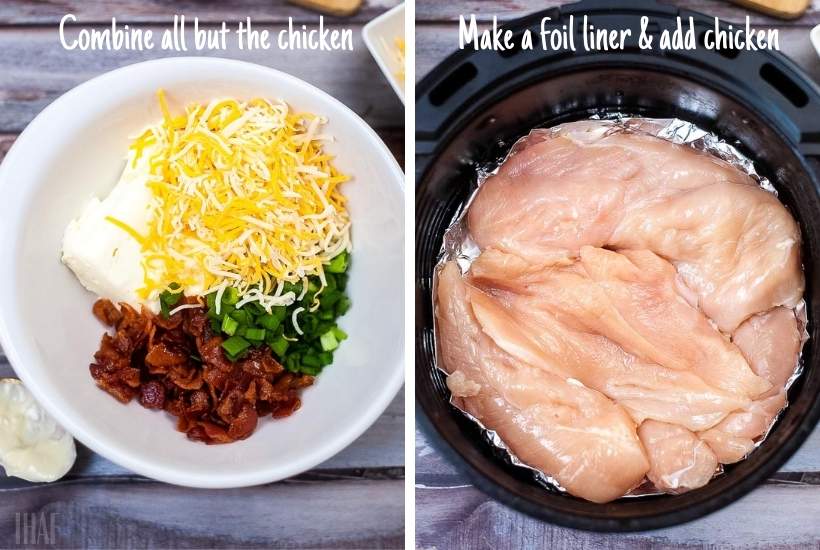 photo collage of top view of chicken in the air fryer and other ingredients in a mixing bowl.