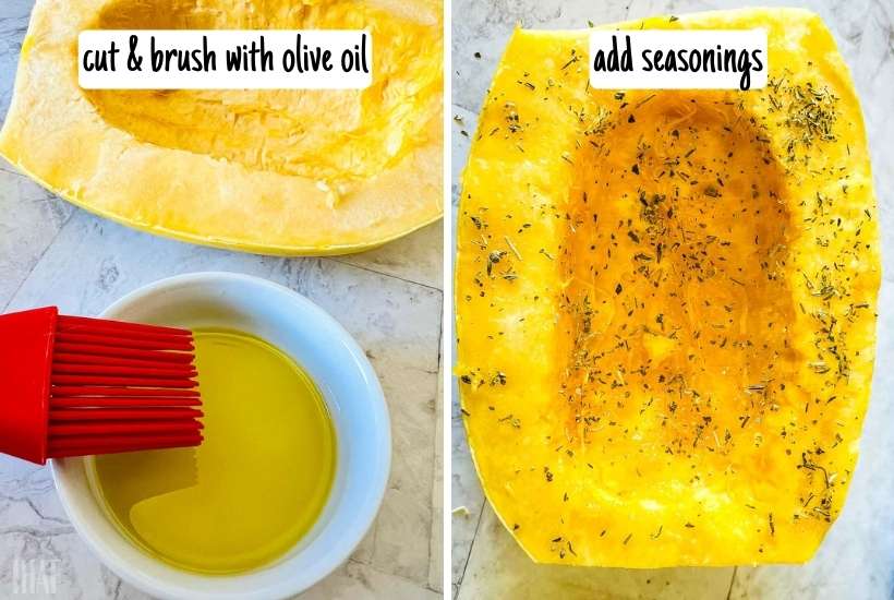 two image collage of squash being brushed with olive oil and seasonings.