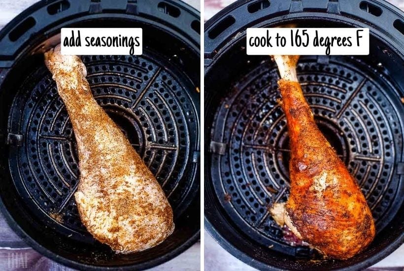 a two image collage of a turkey leg in an air fryer basket with seasoning before and after cooking.