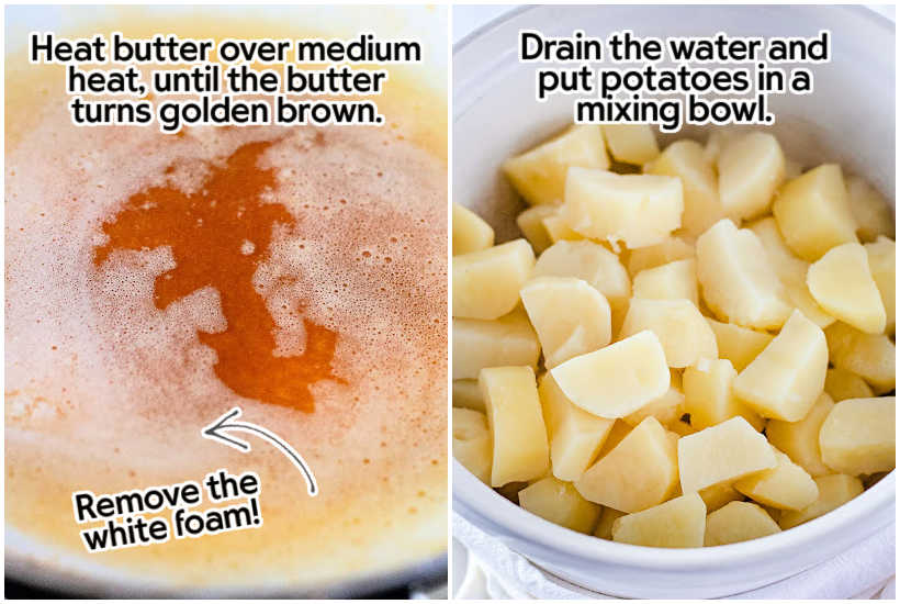 two image collage of butter browned and potatoes drained in a mixing bowl.