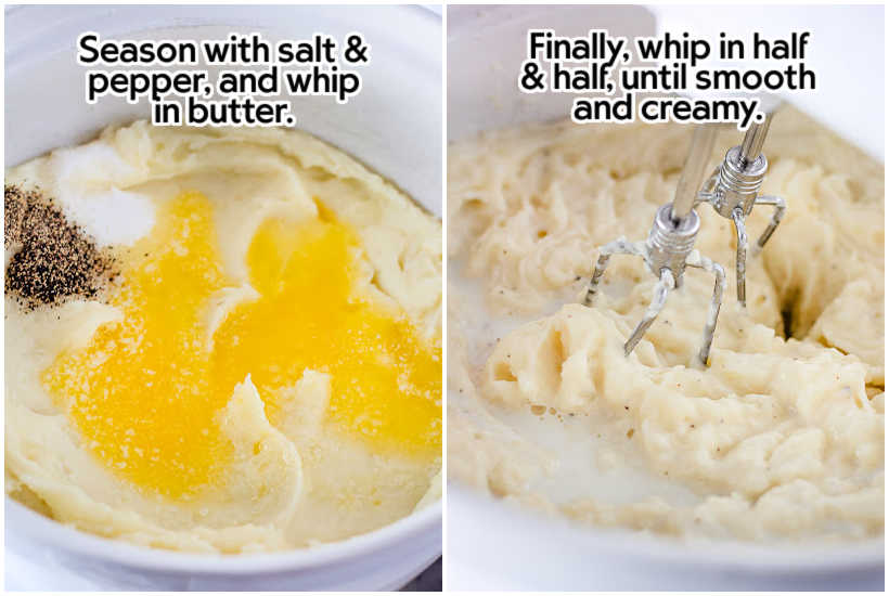 two image collage of melted butter and pepper on potatoes then whipping them with an electric mixer.