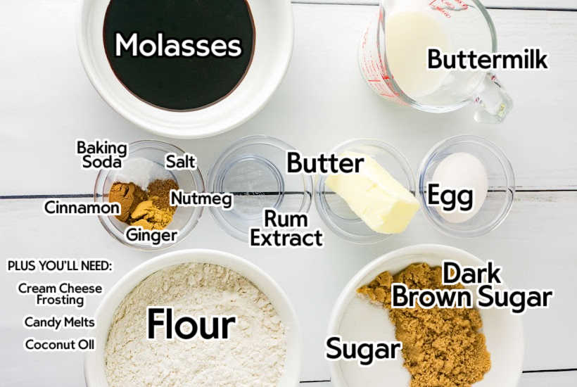 Ingredients needed to make gingerbread cake pops with text overlay.