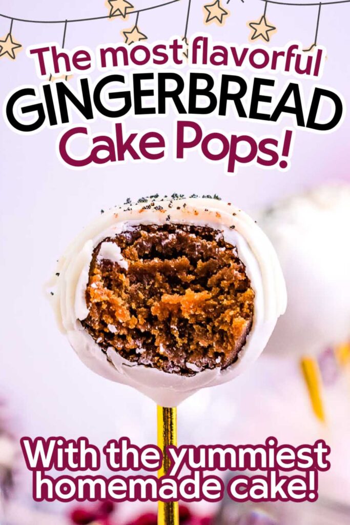 One Gingerbread Cake Pop with a bite taken out of it with text overlay.