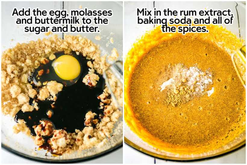 Two image collage of egg mixture being mixed and spices being mixed in to the batter with text overlay.