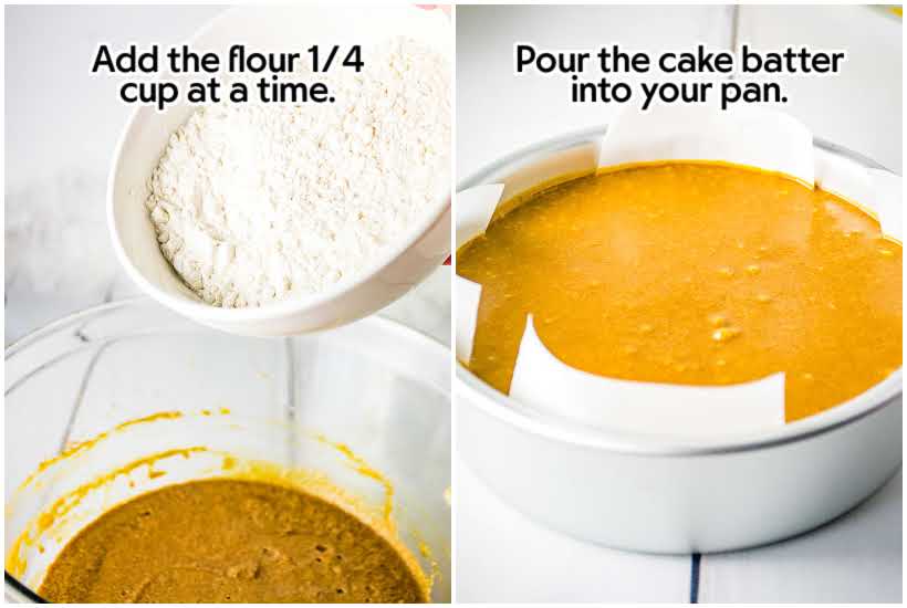 Two photo collage of flour being added to batter in glass mixing bowl and batter poured in a round metal pan with text overlay.