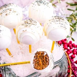 front view of gingerbread cake pops and one cake pop laying horizontal with a bite taken out of it