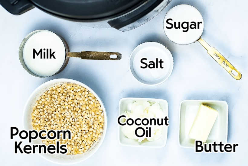Ingredients needed to make the best caramel corn recipe with text labels.