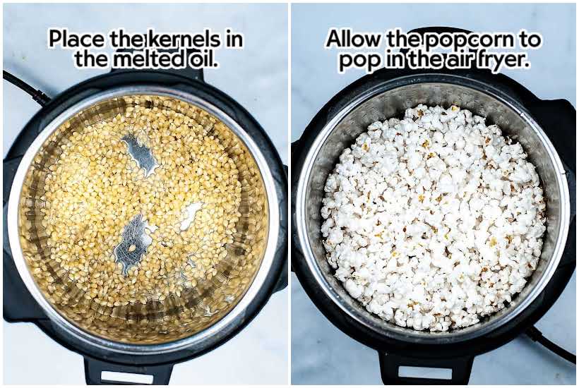 Two photo collage of popcorn kernels in melted oil and popped popcorn in an Instant Pot with text overlay.