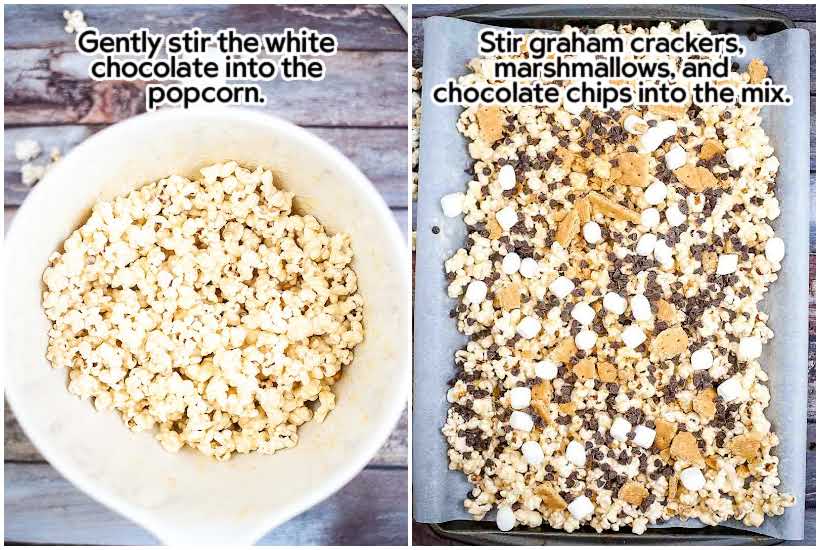 Two photo collage of melted white chocolate stirred into a bowl of popped corn and the graham crackers, marshmallows and chocolate chips tossed on a baking sheet with text overlay.