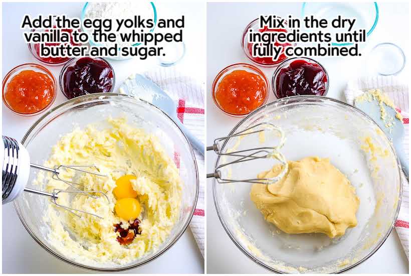 two image collage of mixing eggs with butter, sugar, and vanilla with a hand mixer and ingredients completely mixed in a glass bowl with text overlay.