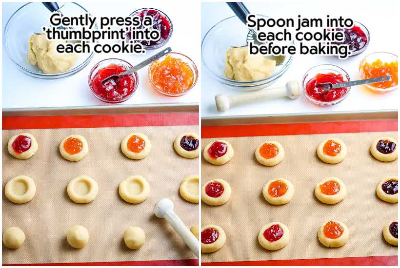 two image collage with thumbprint cookies being filled with jam on a baking sheet