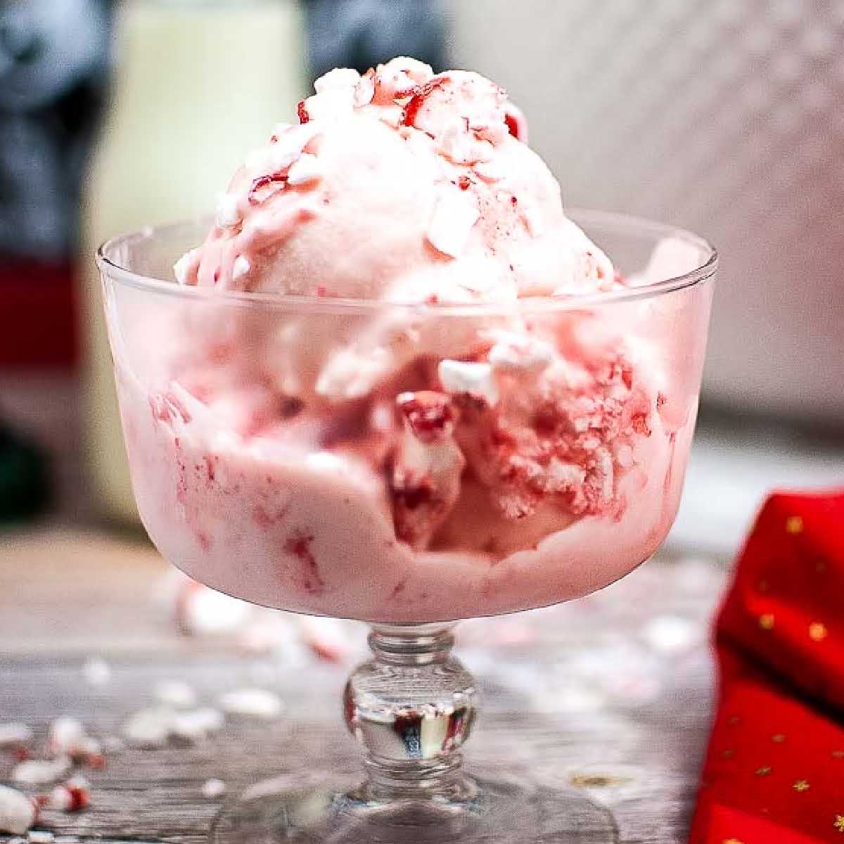 No churn peppermint ice cream in a small glass dish.