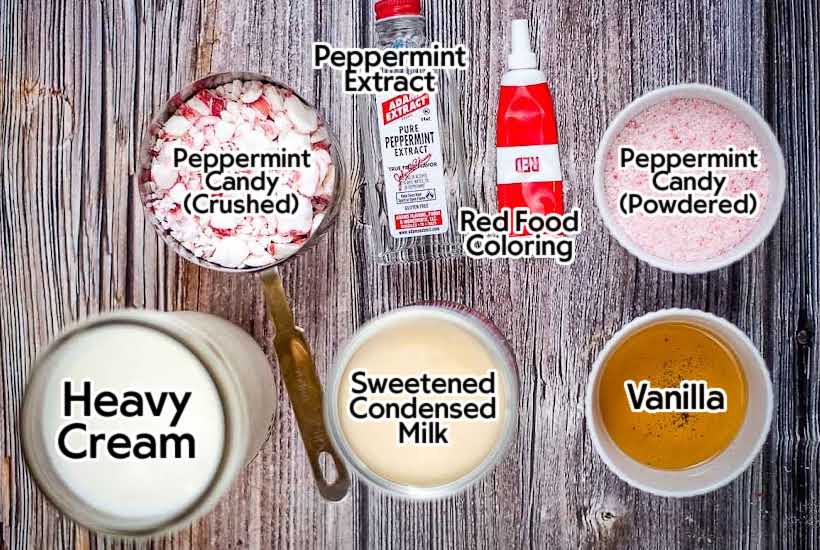 Ingredients needed to make peppermint ice cream with text overlay.