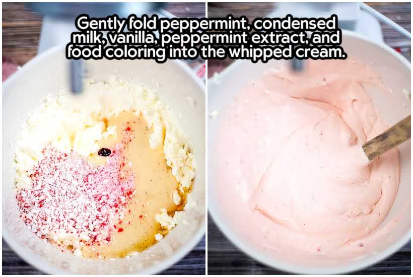 Two image collage of candy cane ice cream ingredients in a white bowl before and after mixing with text overlay.