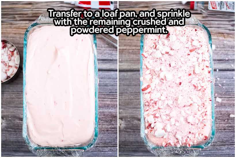 Two image collage of ice cream mixture in a loaf pan and after adding crushed candy canes on top.