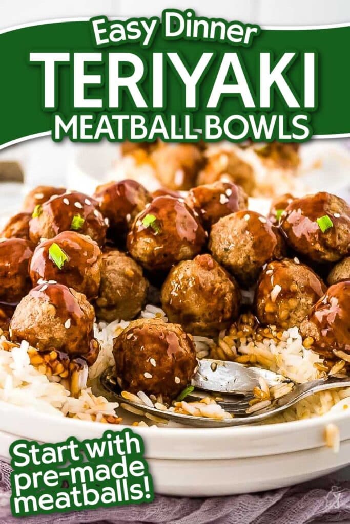 Closeup view of Aidell chicken meatballs and rice with teriyaki sauce with text overlay.