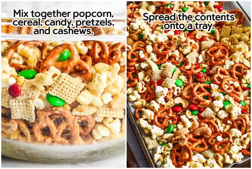 side by side images of a glass bowl of christmas crunch chex mix ingredients and a baking sheet of it with text overlay.