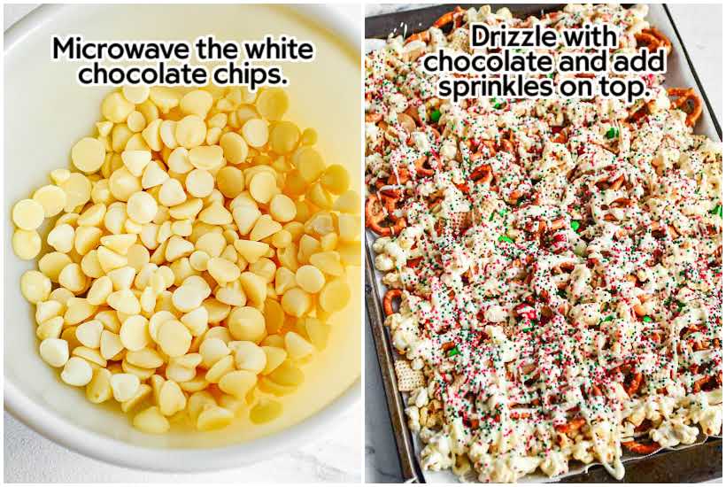 two images with white chocolate chips in a bowl and a tray full of christmas trash mix with text overlay.