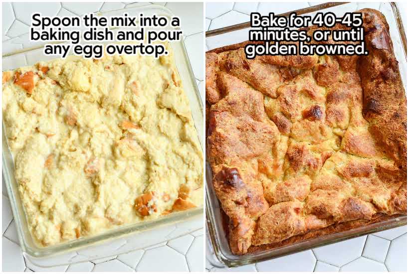 two images of 9x9 pan before baking and after baking old fashioned bread pudding with text overlay.
