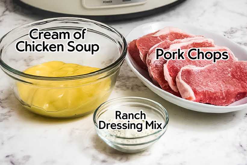 Labeled ingredients needed to make slow cooker ranch pork chops.