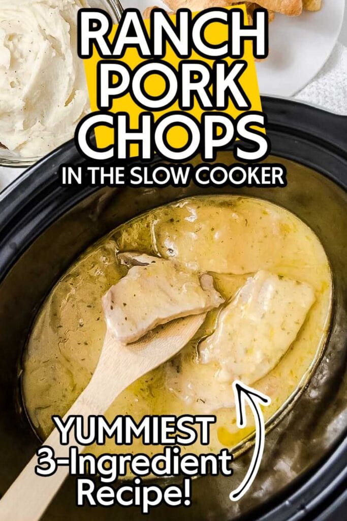 Top view of cooked ranch pork chops in a black crockpot with text overlay.