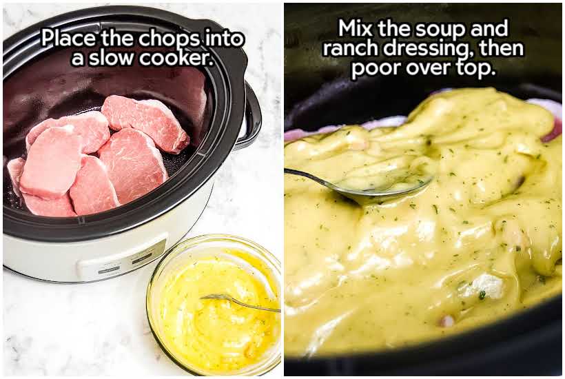 Two image collage showing the pork chops being placed in the slow cooker and with two other ingredients added.