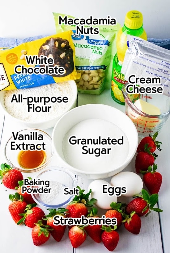 Labeled ingredients needed to make strawberry cheesecake cookies with text overlay.