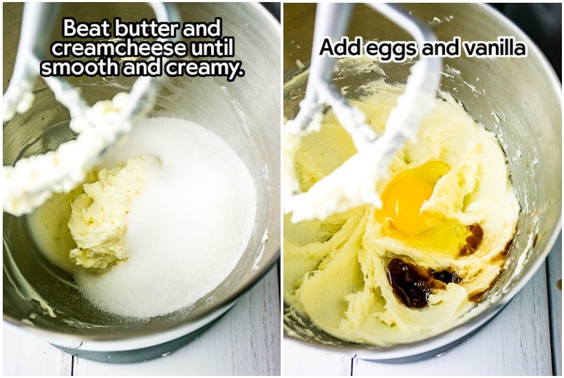 Side by side images of butter and cream cheese in a mixing bowl and eggs and vanilla added to cream cheese mixture with text overlay.