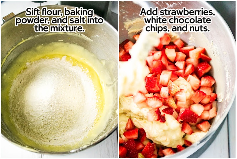Two image collage of dry ingredients mixed into wet ingredients and strawberries, white chips and nuts added to mixture in a mixing bowl with text overlay.