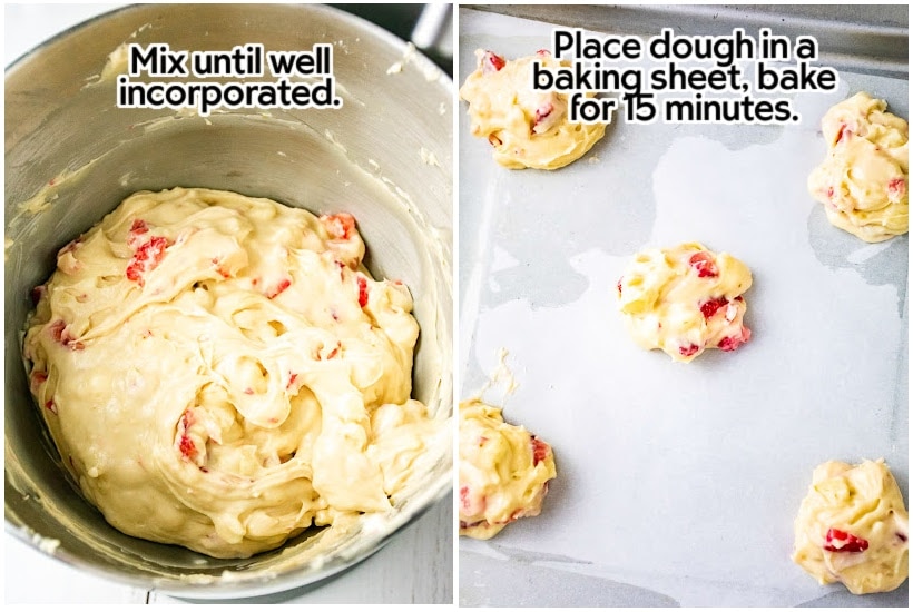 Side by side images of a mixing bowl filled with dough and cookies placed on a parchment paper lined baking sheet with text overlay.