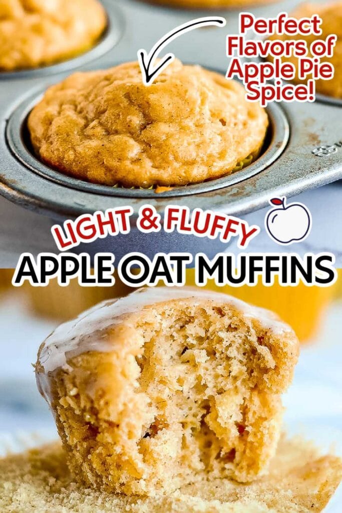 Two image collage of apple cinnamon oat muffins in a muffin tin and an unwrapped muffin with a bite taken with text overlay.