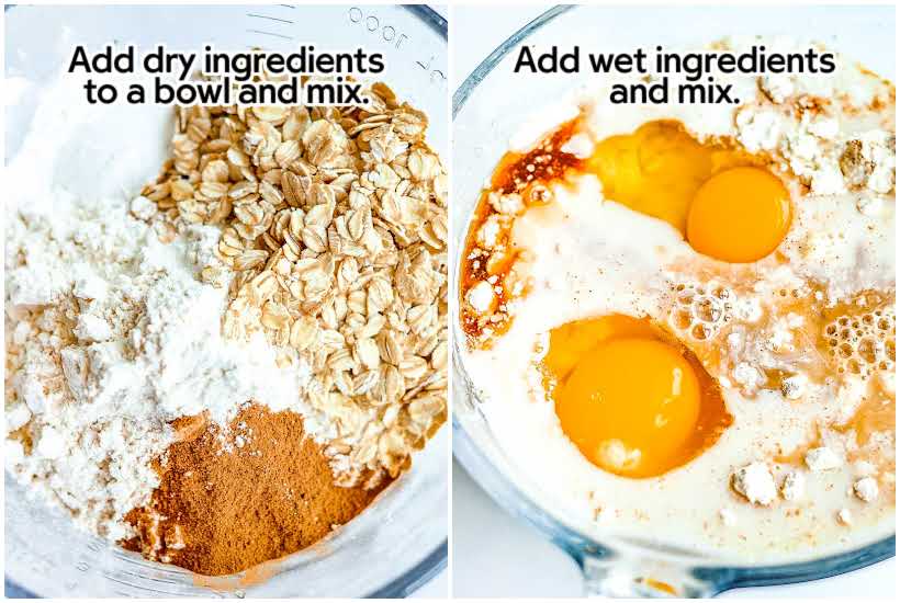 Two image collage of dry ingredients in a bowl and wet ingredients added to dry ingredients with text overlay.