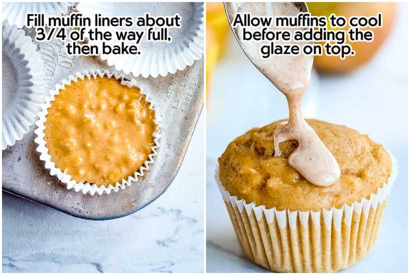 Two image collage of one muffin tin liner filled with batter and glaze being poured over apple oat muffins with text overlay.