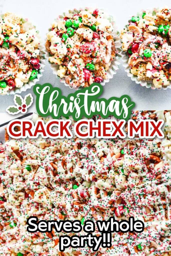 Christmas crunch Chex mix in muffin cups and the mix on a tray with text overlay.