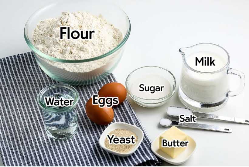 ingredients needed to make easy yeast rolls with text overlay.