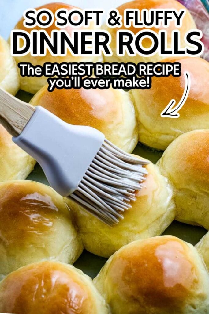brushing butter on easy yeast rolls with text overlay.