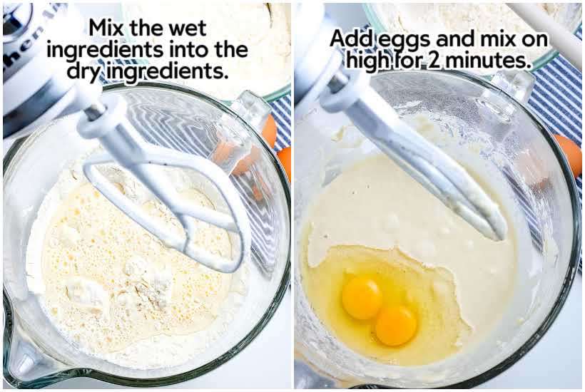 two images of mixing bowl with wet ingredients and eggs added to wet ingredients mixer above with text overlay.